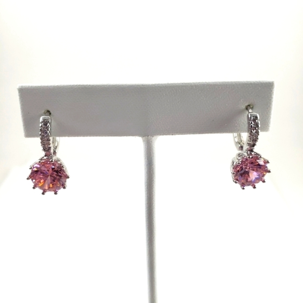 Sterling Silver Pink Dangle Earrings Lever back CZ earrings prong set filigree